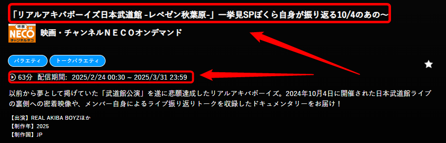 リアルアキバボーイズ日本武道館 -レペゼン秋葉原-はチャンネルNECOで放送・配信