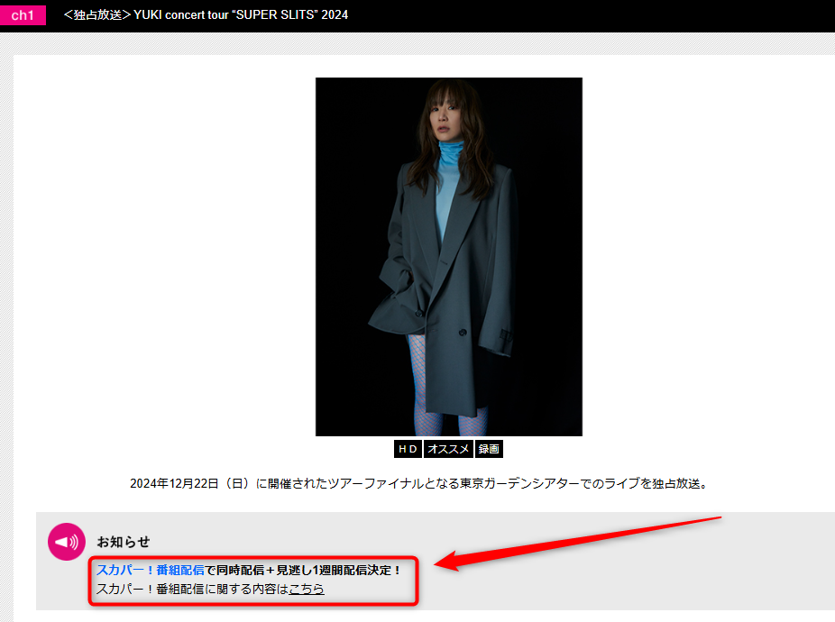 YUKI concert tour “SUPER SLITS” 2024はテレ朝チャンネルで放送・配信