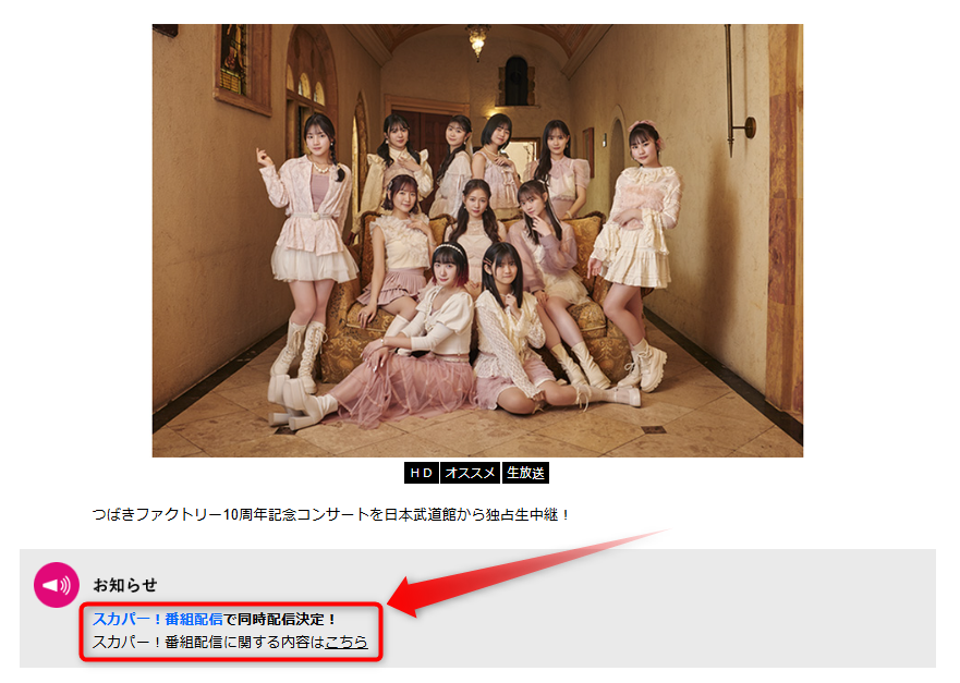 つばきファクトリー武道館ライブ（八木栞卒コン）はテレ朝チャンネルで放送（スカパー番組配信でスマホ視聴可能）