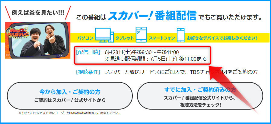 例えば炎の例えばテレビはTBSチャンネルで放送・配信（スカパー番組配信でスマホ視聴可能）