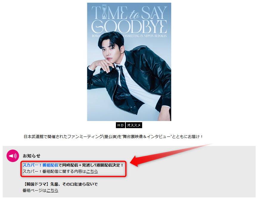 ロウン 2025 SPECIAL FANMEETING IN NIPPON BUDOKAN -Time to Say Goodbye-はテレ朝チャンネルで放送・配信（スカパー番組配信でスマホ視聴可能）