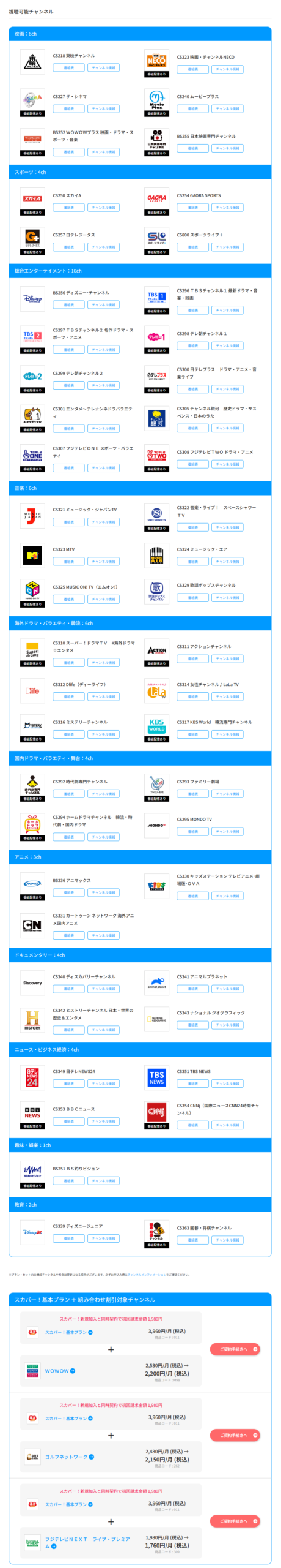 スカパー基本プランで視聴可能なチャンネル一覧